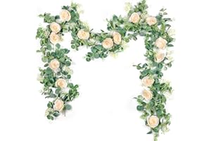 Der Rose 2 Pcs 13Ft Artificial Eucalyptus Flower Garland with Fake Rose Flower Vine Seeded Eucalyptus Leaves Greenery Garland for Wedding Table Backdrop Party Centerpiece Room Decor (Champagne)