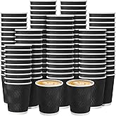 Funnymoom 200 Pack 8 oz Disposable Coffee Cups Black Insulated Corrugated Paper Coffee Cups with Ripple Wall Design Suitable for Hot or Cold Drinks Cafe Restaurant Office Home Party Picnic BBQ