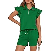 BTFBM Womens 2 Piece Outfits Spring Sweatsuit Zipper V Neck Casual Ruffle Cap Sleeve Tops Drawstring Shorts Lounge Sets