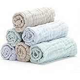 Bear Rocket Organic Muslin Baby Washcloths 6 Pack Baby Bath Face Towel 12x12 Inch Extra Absorbent and Soft Burp Cloth and Wash Cloths for Newborn-Infants On Sensitive Skin (Blue Green Brown)