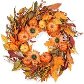 Fall Wreaths for Front Door 22 Inch, Autumn Wreath with Berry Pumpkin, Maple Leaves, Thanksgiving Harvest Festival Decorations Indoor and Outdoor