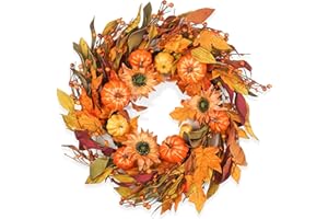 HOMEKAREN Fall Wreaths for Front Door 22 Inch, Autumn Wreath with Berry Pumpkin, Maple Leaves, Thanksgiving Harvest Festival Decorations Indoor and Outdoor