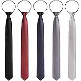 Xinnun 5 Pieces Mens Zipper Ties Pre Tied Adjustable Neckties Solid Color Skinny Necktie Thin Clip on Slim Tie for School Wedding Christmas Party Uniforms, Black, Navy, Gray, Silver Gray, Dark Red
