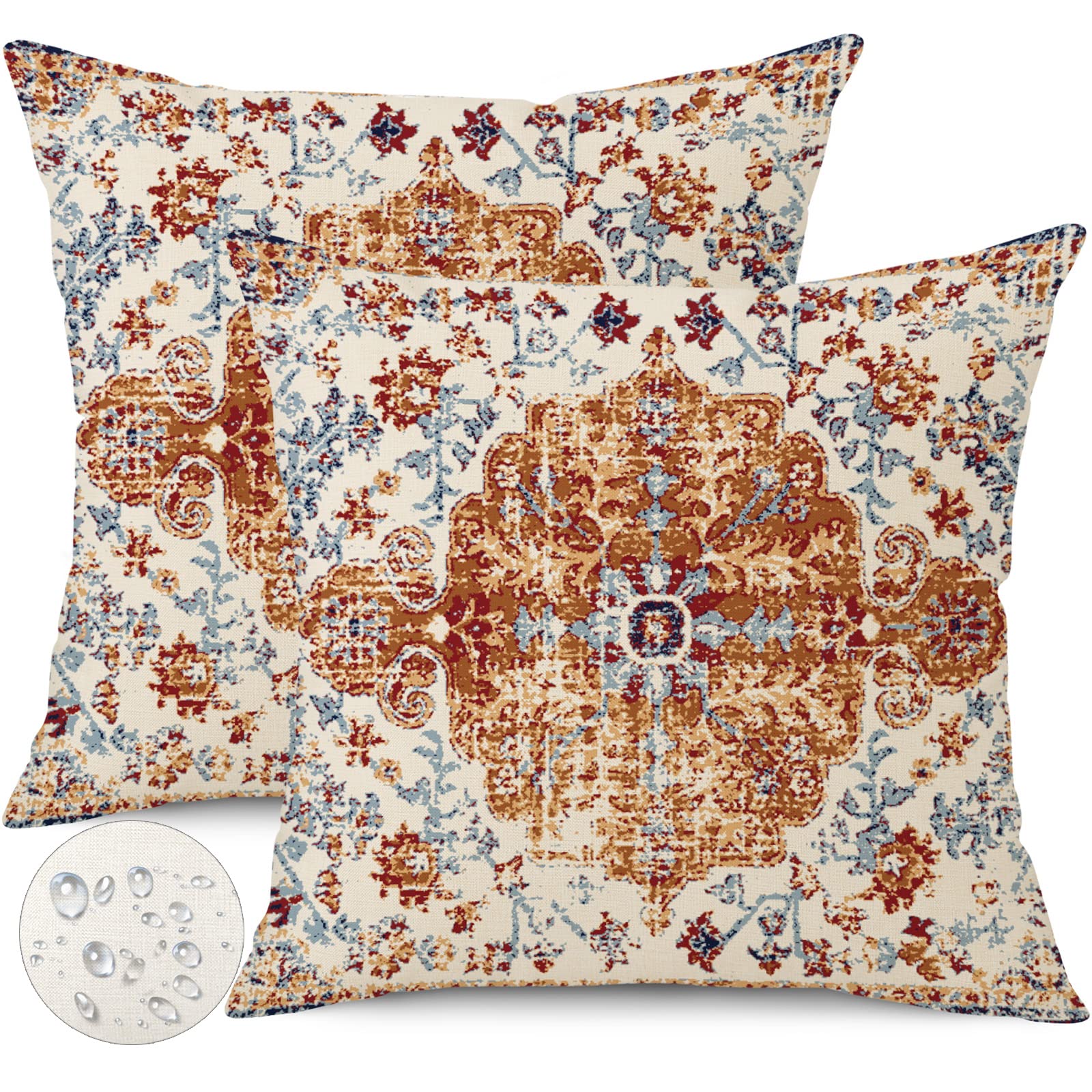 Photo 1 of Gujiahone Waterproof Throw Pillow Covers 16X16 Inch Set of 2 Bohemian Vintage Carpet Pattern Brown Blue Ethnic Design Decorative Farmhouse for Couch Garden Balcony (Boho-3-1)