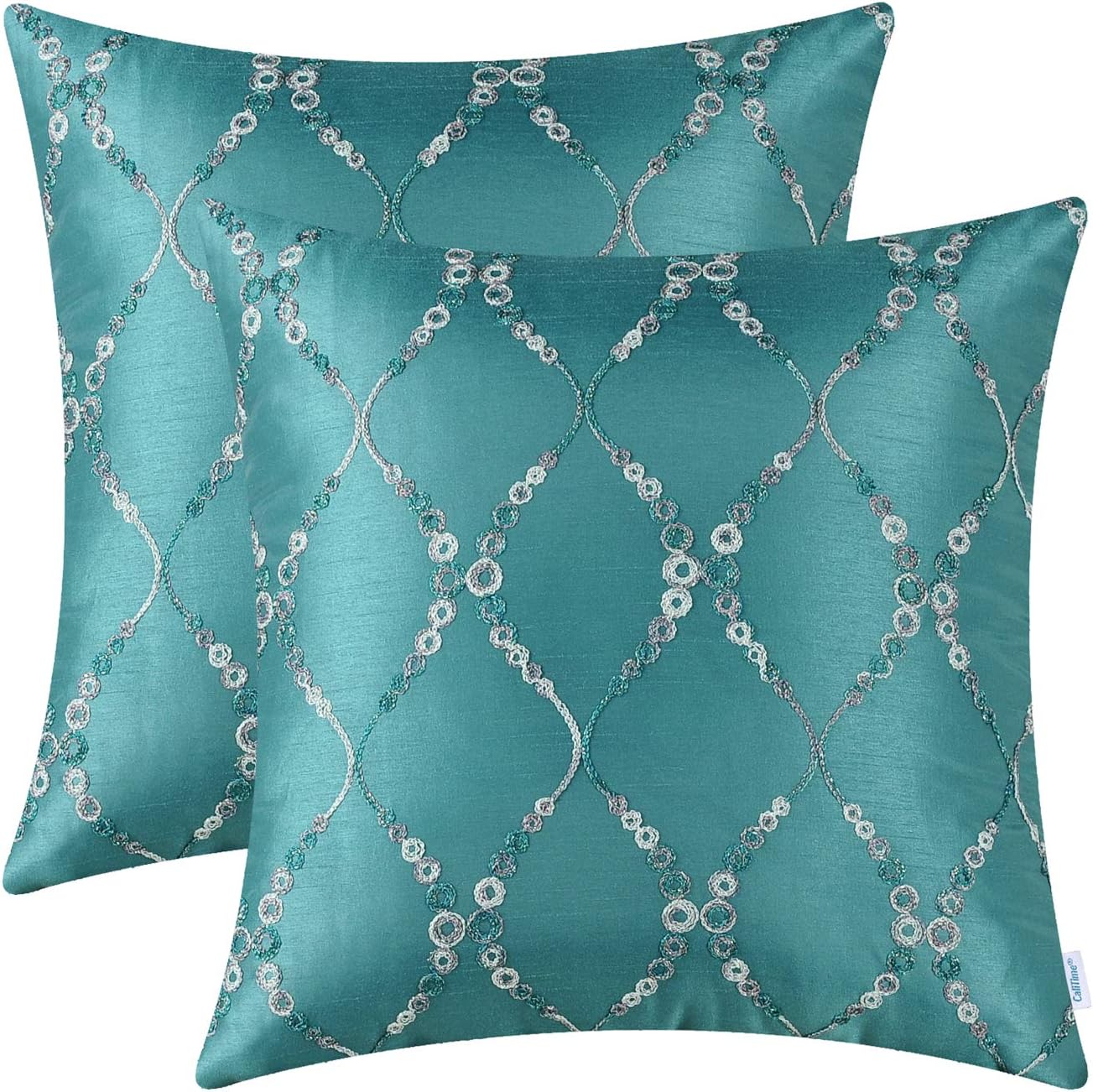 CaliTime Pack of 2 Cushion Covers Throw Pillow Cases Shells for Sofa Couch Home Decoration Modern Gradient Rings Waves Lines Geometric Chain Embroidered 18 X 18 Inches Teal
