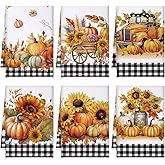 Bencailor 6 Pcs Thanksgiving Kitchen Towels Fall Pumpkins Dish Towels Maple Leaf Tea Reusable Hand Autumn Absorbent Cloth, 15.75'' x 23.62''(White,Pumpkin, Sunflower, Car)