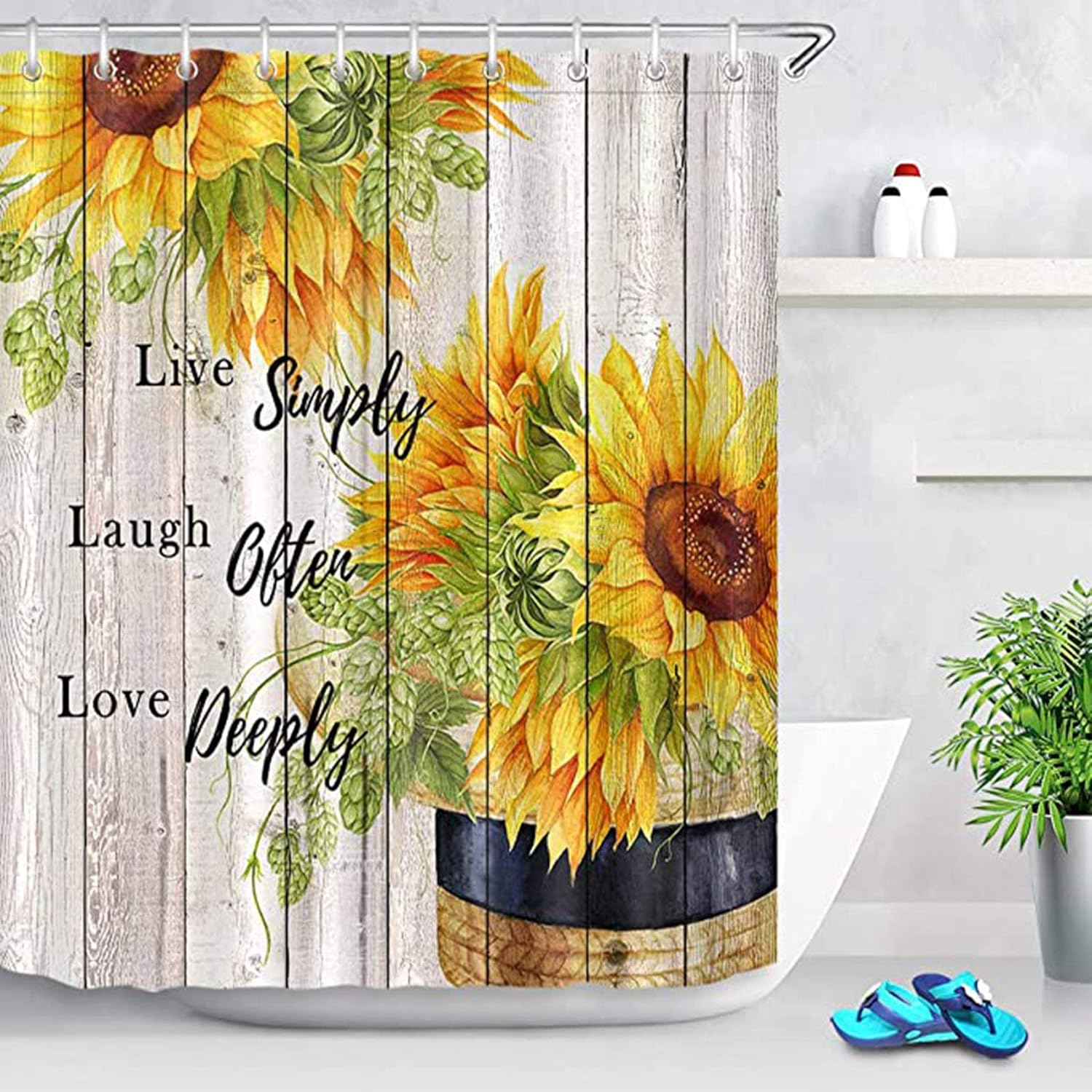 ECOTOB Farmhouse Sunflower Shower Curtain Decor, Sunflower on Rustic Vintage Wood