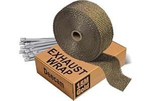 Deecam Exhaust Wrap, 2'' x 50 ft Motorcycle Header Heat Wrap, Titanium Exhaust Heat Shield Tape for Exhaust Pipe with 12 Stainless Locking Ties