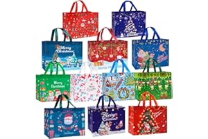 Heetobcos 12 Pack Christmas Gift Bags Large Reusable Tote Bags, Non-Wove Bags for New Year's Shopping, Christmas Surprise, Xmas Party Supplies,12.8"×9.8"×6.7"