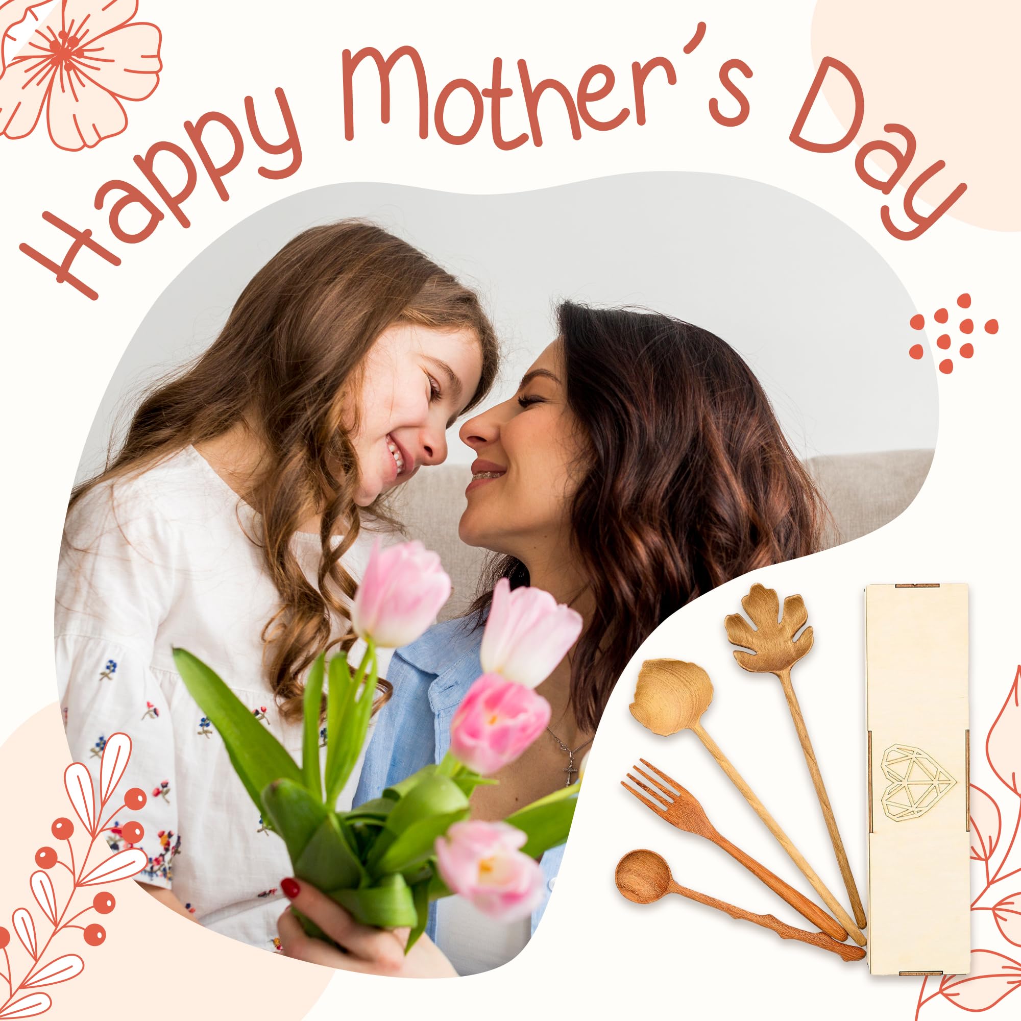 JABIHOME 4 Wooden Spoons and Forks Set, Christmas Hostess Gifts for Women, Couple Cooking Gifts for Women, Handmade Gifts, Nana Gifts