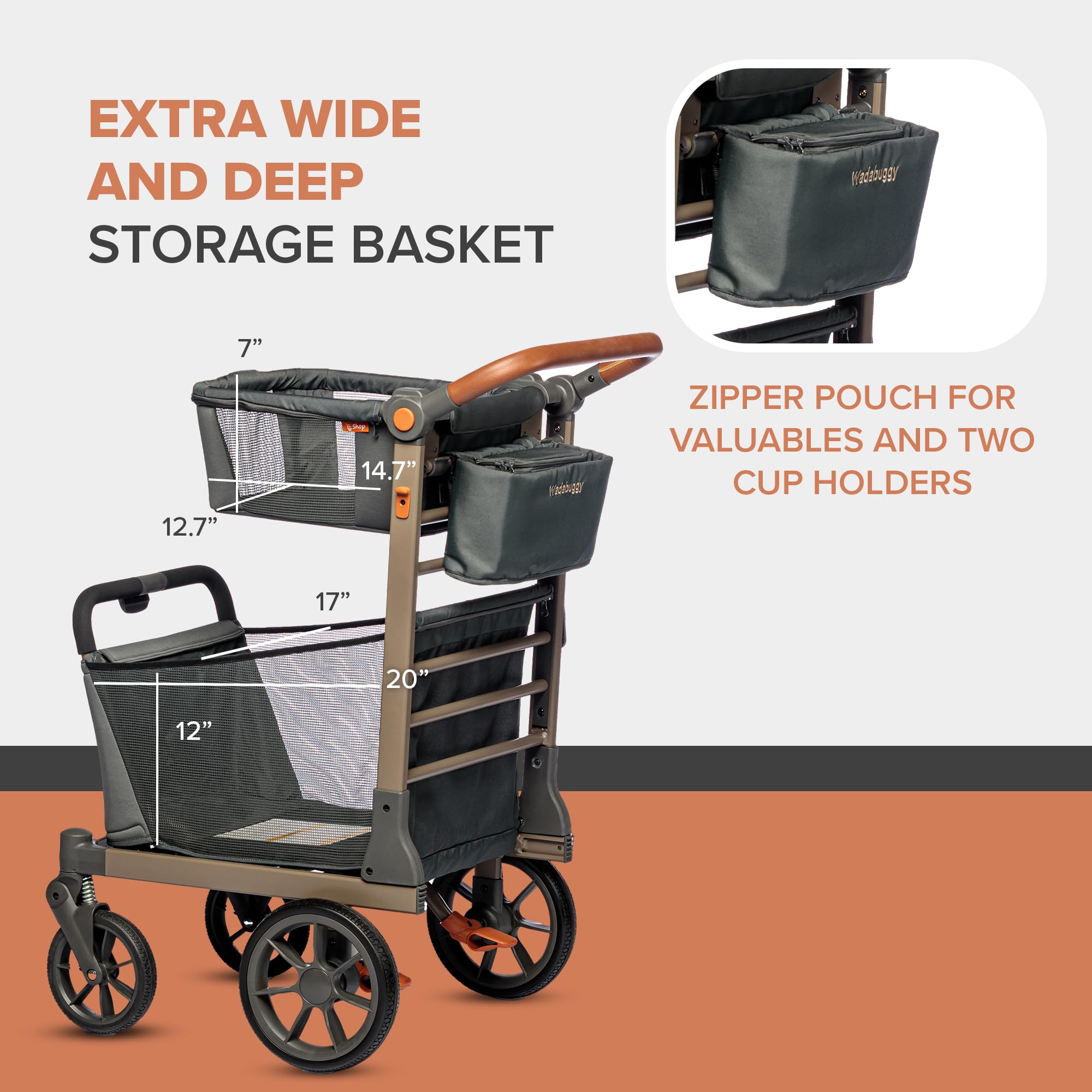 Wadabuggy Shop Foldable Shopping Cart - Portable & Lightweight Folding Utility Carts with Easy to Maneuver Wheels, Storage Baskets for Grocery and Heavy Duty, Cup Holders & Zippered Pouch