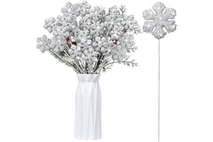 DoubleFill 36 Pcs Winter Foam Snowflake Picks Glitter Foam Snowflakes Picks Tree Decor Vase Fillers Glitter Puffy for Snow Christmas Decoration Party Supplies(Silver)