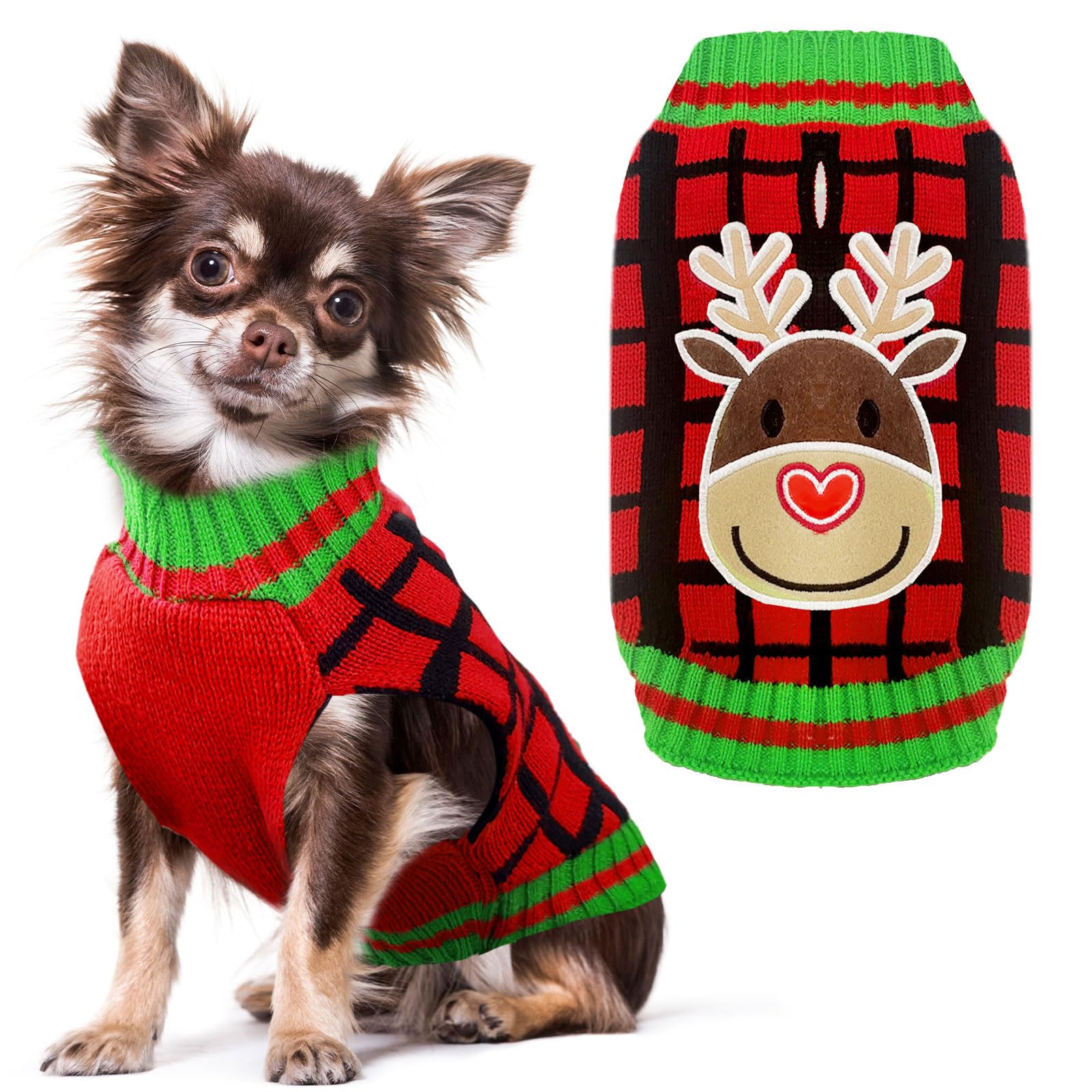 HRTTSY Dog Christmas Jumper with Harness Hole Red Plaid Elk Doggie Outfits Sweater for Small Medium Large Dogs Cats Warm Fall Winter Puppy Clothes Vest Pet Holiday New Year Costume, XX-Large