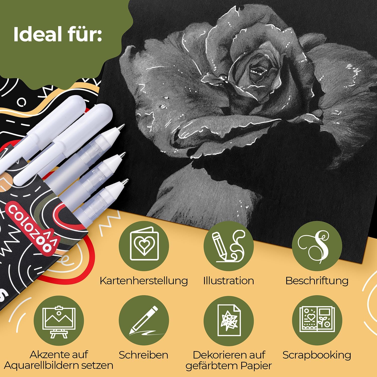 colozoo 5er Set Gelstifte Weiß mit Spitzengrößen: 0,5, 0,7, 0,8, 1,0, 1,2 mm | Weißer Stift für schwarzes Papier | Weißer Gelstift Deckend 5