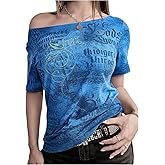 SOLY HUX Women's Y2k Goth Graphic Tees Off The Shoulder Short Sleeve Vintage T Shirt Streetwear Summer Going Out Tops
