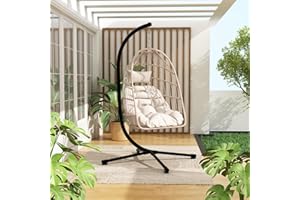 DAIJIA CHINA Foldable Hanging Egg Chair with Stand, HDPE Rattan and Heavy Duty Aluminum-Steel Frame, Outdoor Patio Wicker Swing Egg Chair with Headrest and Cushioned, 350 Lbs Capacity (Beige)