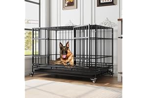 TIMHAKA 48 Inch Heavy Duty Dog Crates for Large Dogs, Escape Proof Dog Cage, Self-Locking Latch, Dog Kennel Indoor with 4 Lockable Wheels, for High Anxiety Dogs, Easy to Clean, Black