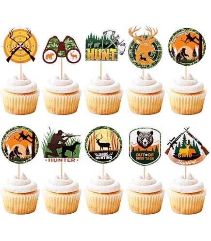 Donoter Cupcake-Deko – 48 Stück Jagdmotiv-Topper Mit Hirsch, Baum, Zielscheibe & Jäger Für Mottoparty