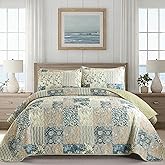 Drucon Patchwork Quilt Set Queen Size, Green Blue Plaid Bedspread Bedding Set, 3 Pieces Spring Summer Coverlet with 2 Pillow Shams for All Season 96x90 Inch