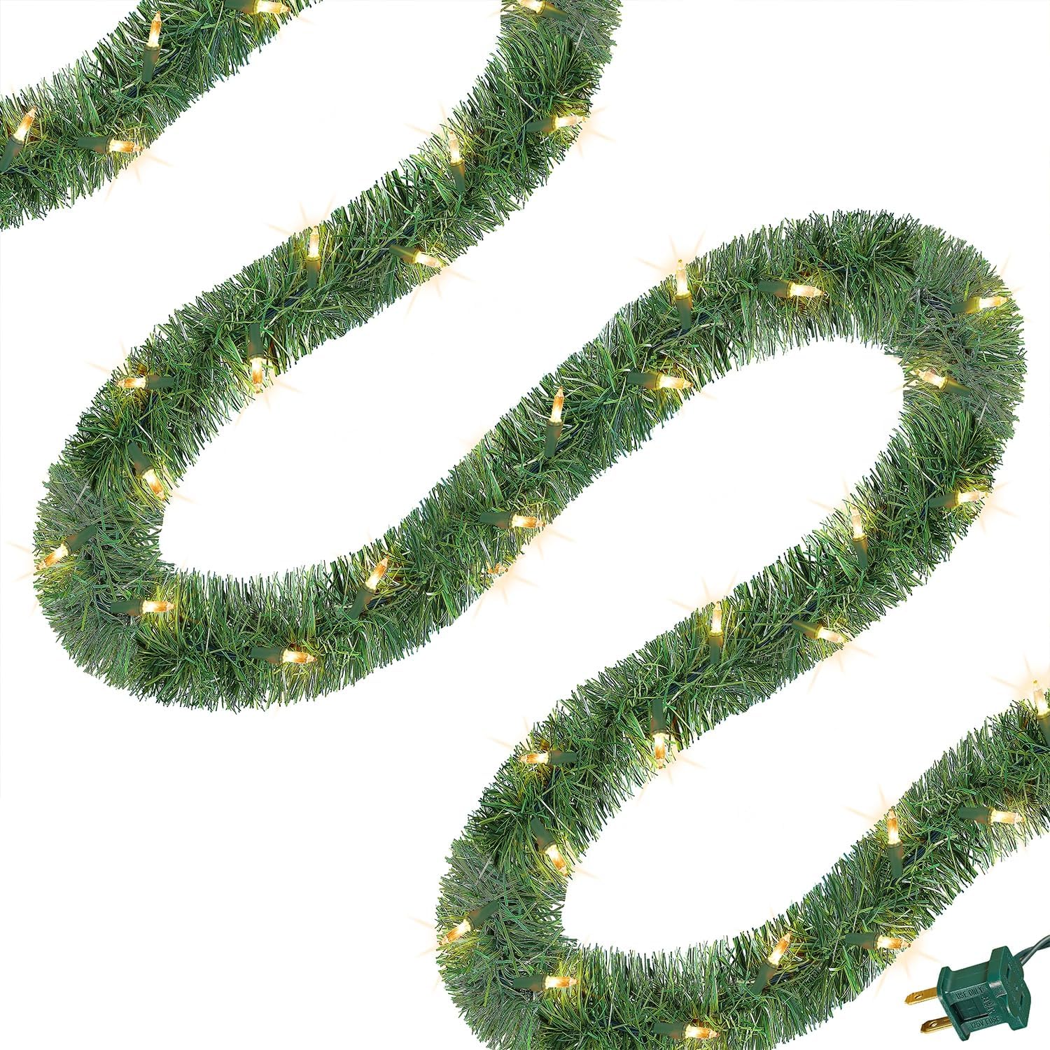 Wreaths, Garlands & Swags - WATERGLIDE 49FT Lighted Christmas Green Garland with 100 Count Clear String Lights, Pre-lit Long Artificial Greenery Garlands, Plug in Holiday Decorative Lights for Indoor Outdoor Decor