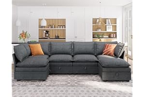 HYZQ 115'' Large Sectional Couches with Storage Seats for Living Room, U Shaped Modular Sectional Sofa Couch Set, 6 Pieces Comfy Convertible Sofa Couch with Upholstered Cushion(Dark Grey)