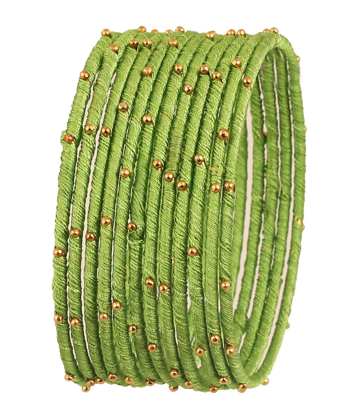Touchstone New Silk Thread Bangle Collection Indian Bollywood Handcrafted Faux Silk Thread Exotic Look with Golden Beads Designer Bangle Bracelets Set of 12 for Women. (Parrot Green, 2.8) — image 1