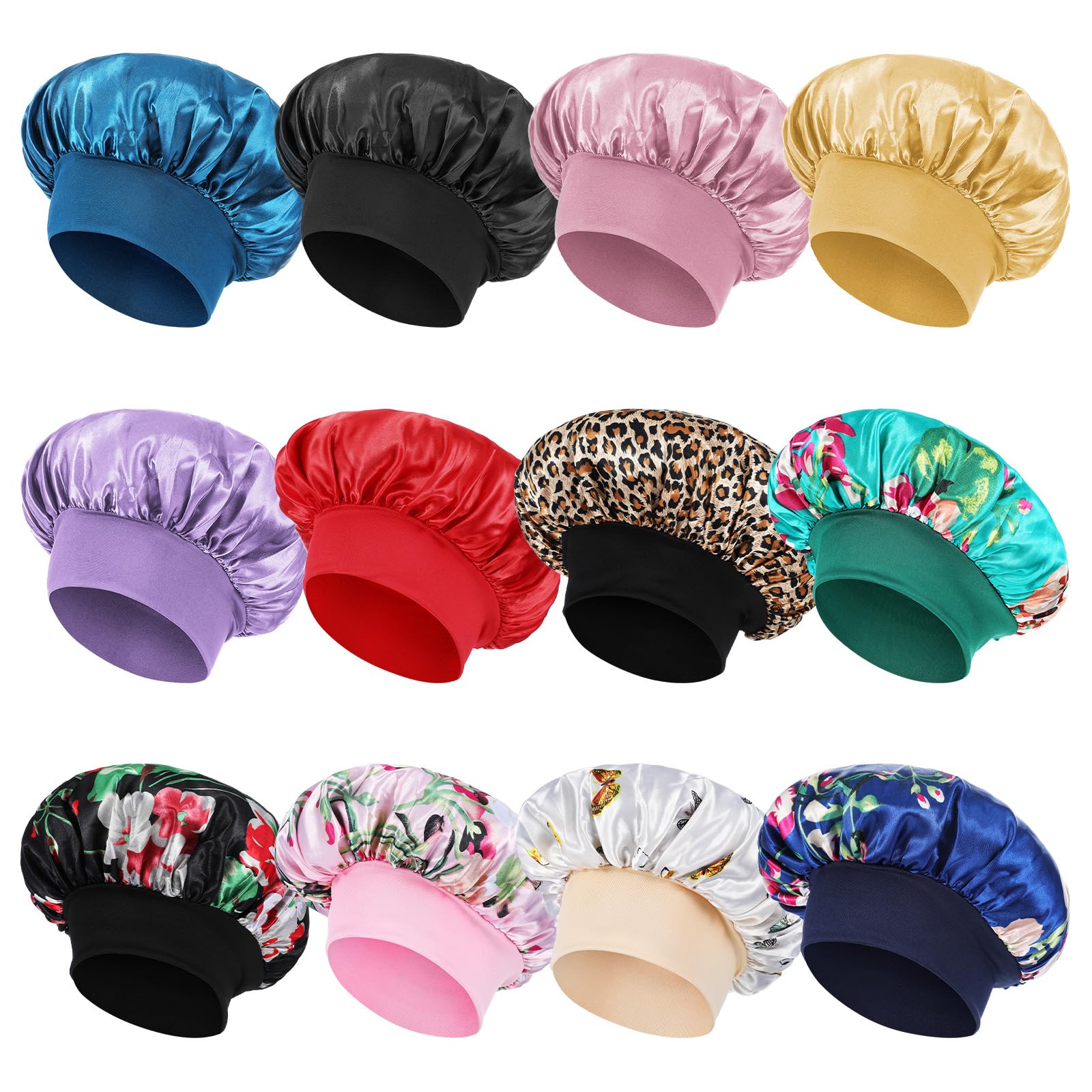 Photo 1 of 12pcs Large Satin Bonnets for Sleeping, Silky Hair Bonnet for Black Women Braid Curly Hair