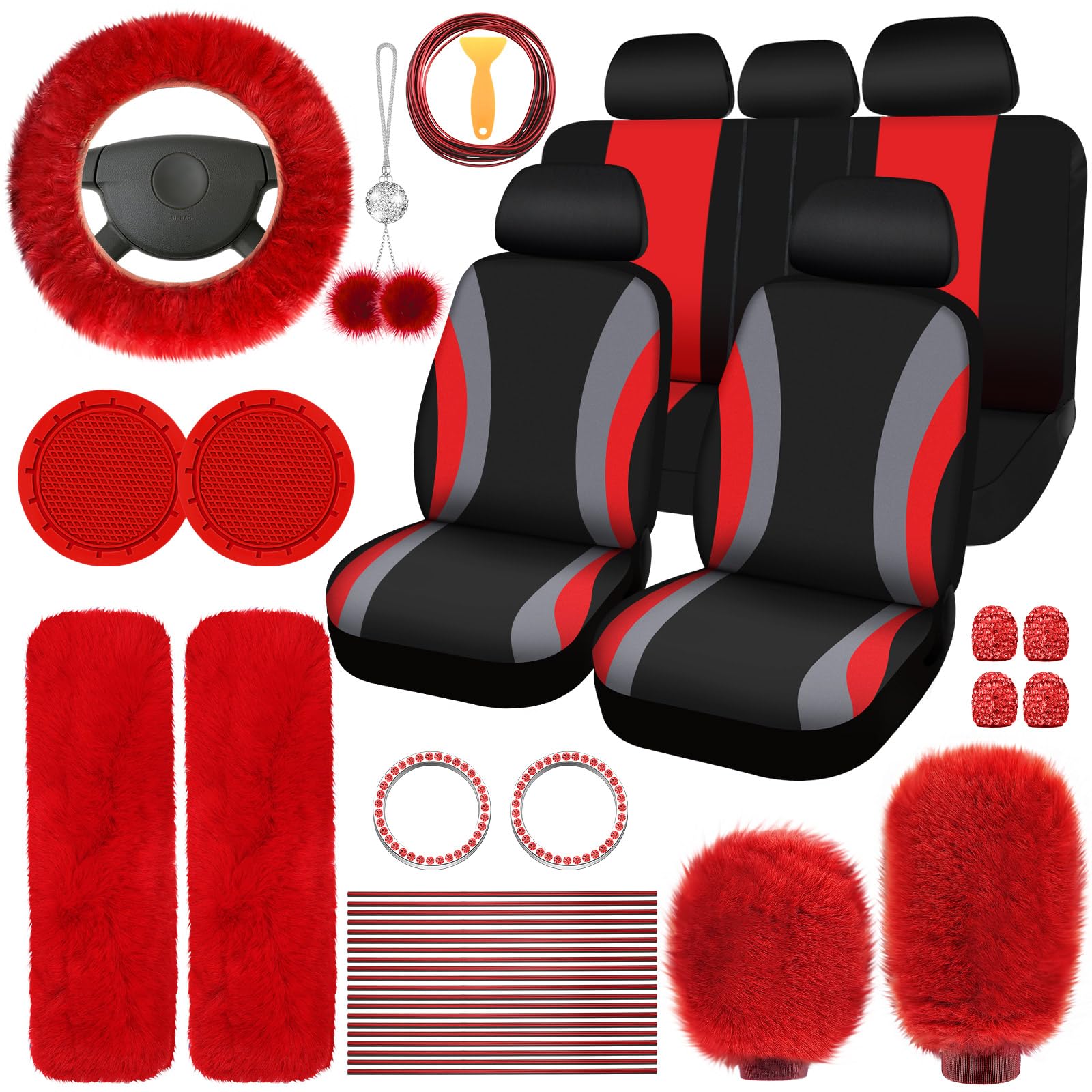 Photo 1 of ROCEEI Seat Cover Set (43 Pcs) - Universal Fit Plush Car Accessories for Women - Includes Steering Wheel, Handbrake, Shift Cover, Air Conditioner Strip & More - Wine Red, Gray, Black