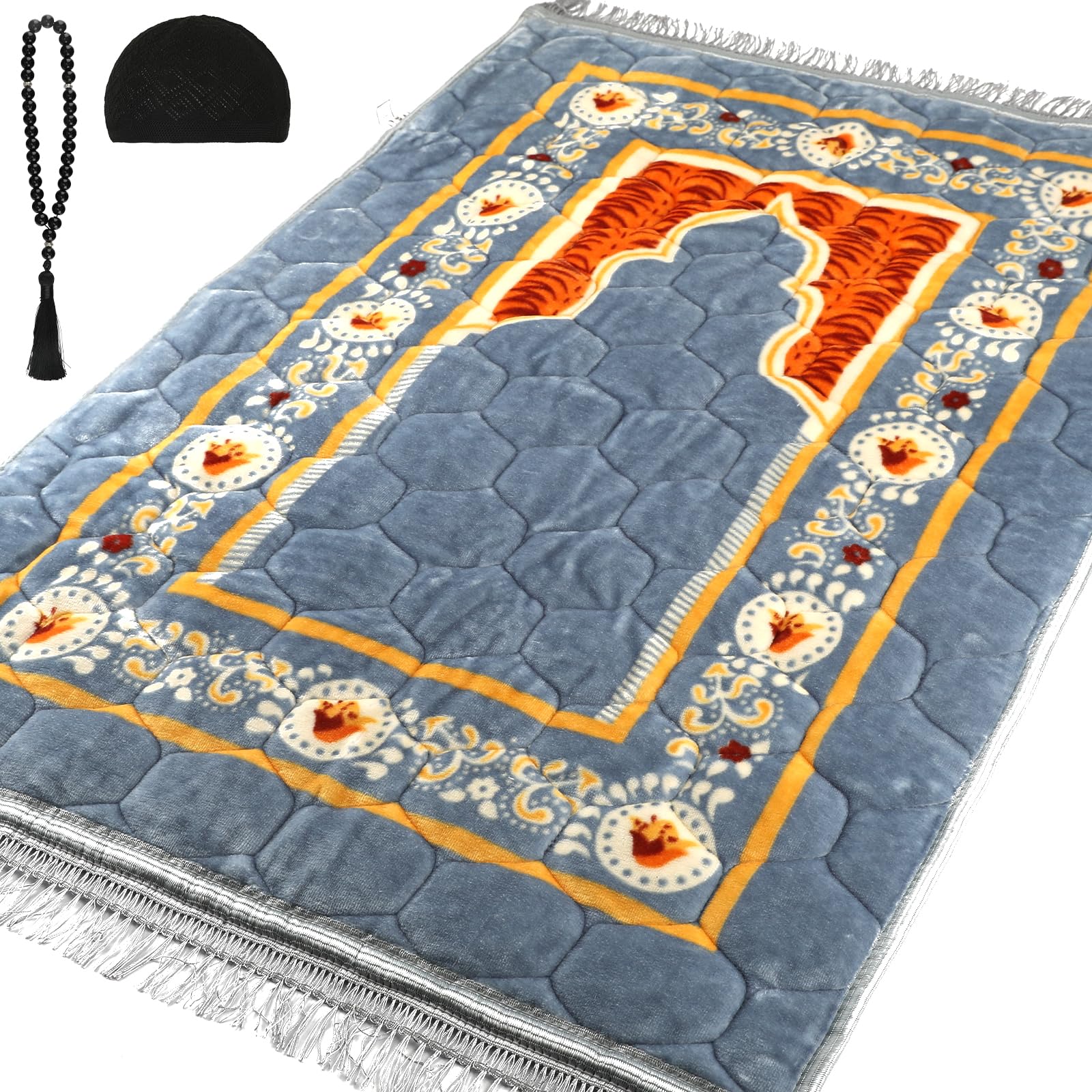 Photo 1 of Oeofuzep Muslim Prayer Rug with Tasbih Prayer Beads & Kufi Hat, Padded Very Thick Prayer Rug Sajadah