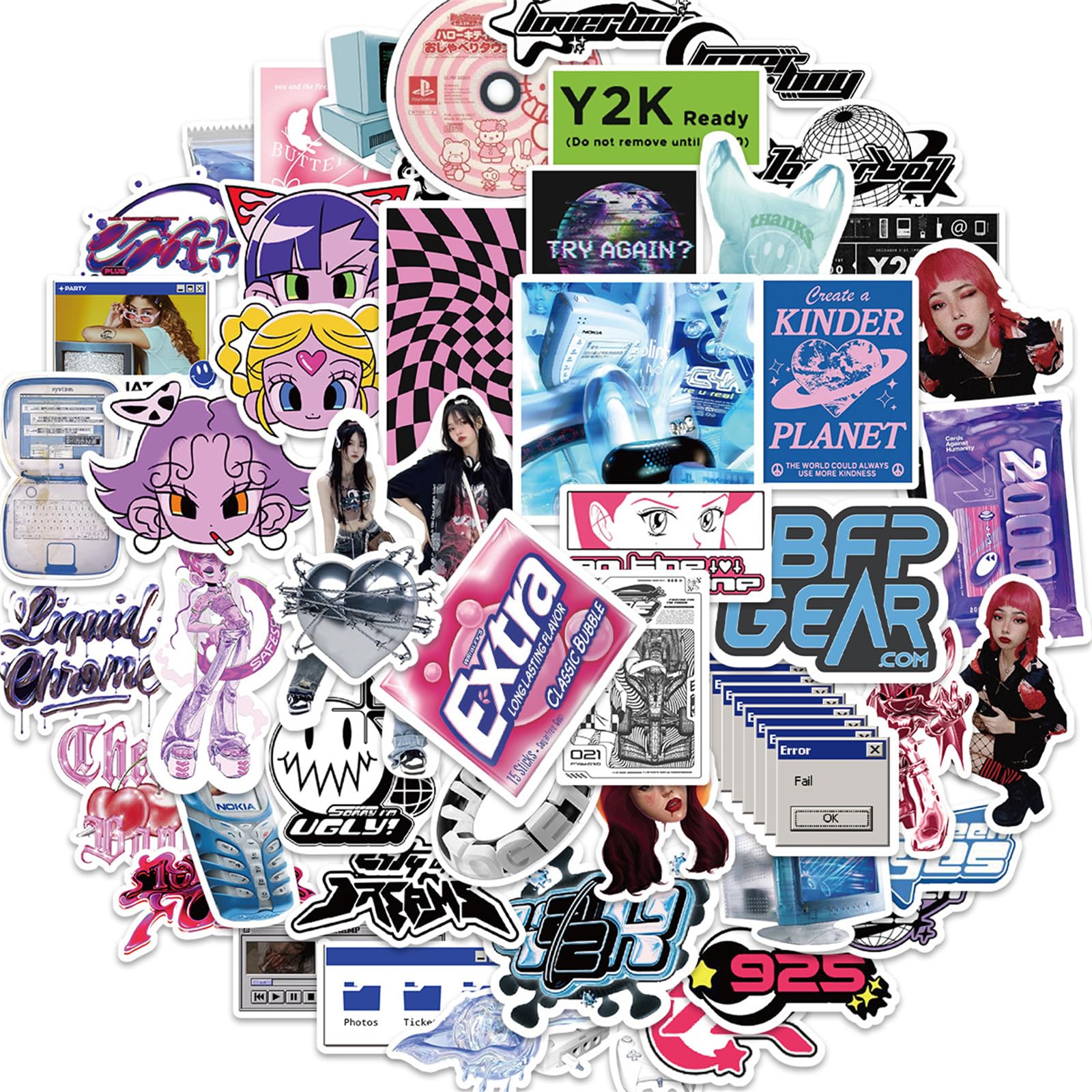 110PCS Y2k Retro Aesthetic Stickers,Cool 2000s Cyber Trend Stickers, Vinyl Waterproof Sticker for Laptop, Guitar, Water Bottle, Birthday Gifts for Girls, Kids, Teens (Pink-C)