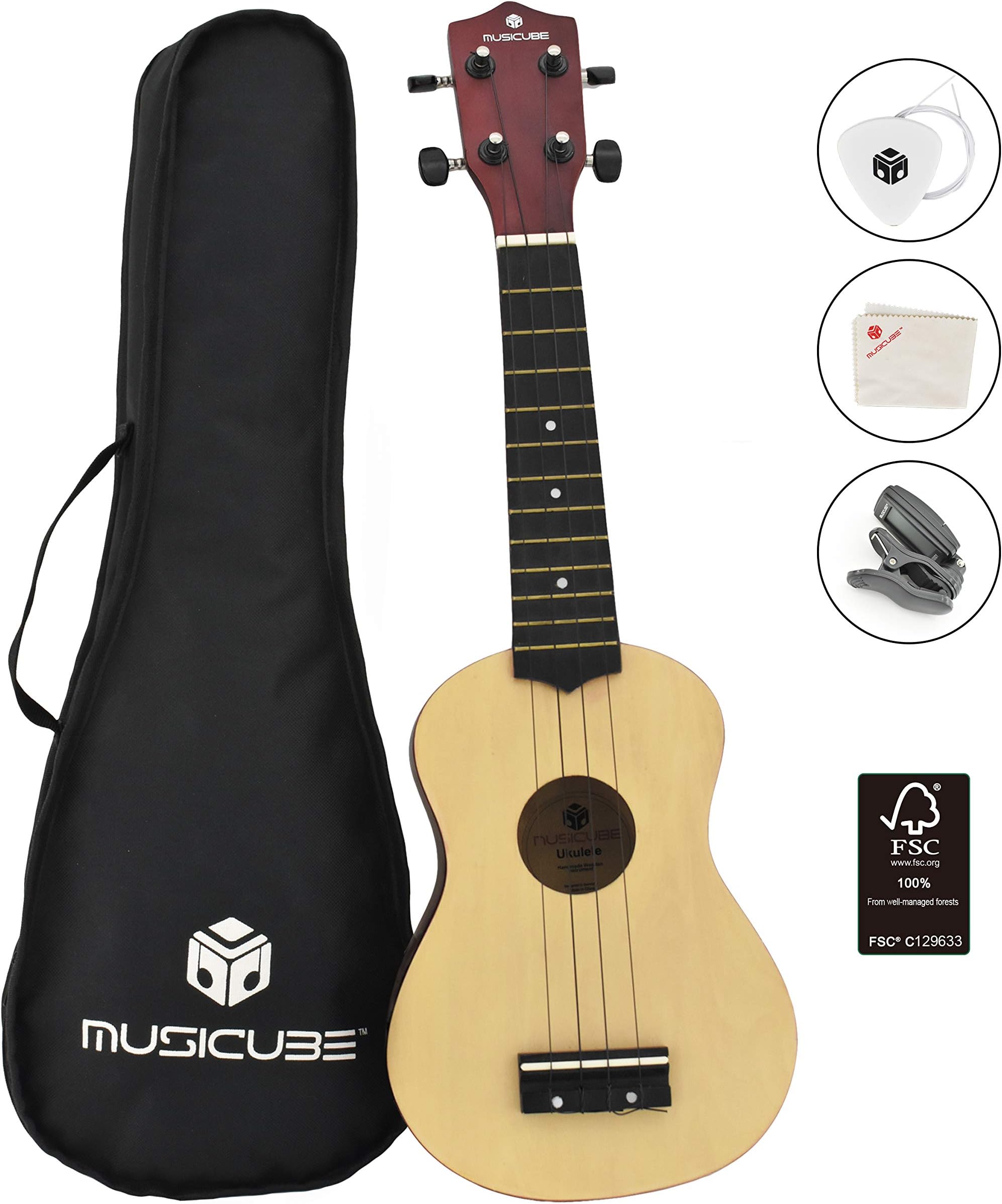 MUSICUBE Ukulele for Beginners 21-Inch Wooden Soprano Ukulele Kit with Ukulele Tuner & Strings & Pick & Bag & Polishing Cloth Professional Hawaiian Guitar Musical Instruments Christmas Day Gift Choice