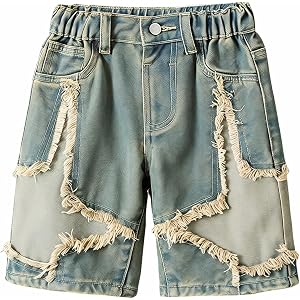 VIPWOLF Boy's Jean Shorts Baggy Y2k Star Ripped Distressed Denim Jorts | Elastic Waist, Wide Leg, Boys Shorts Size 4t-7, Stre