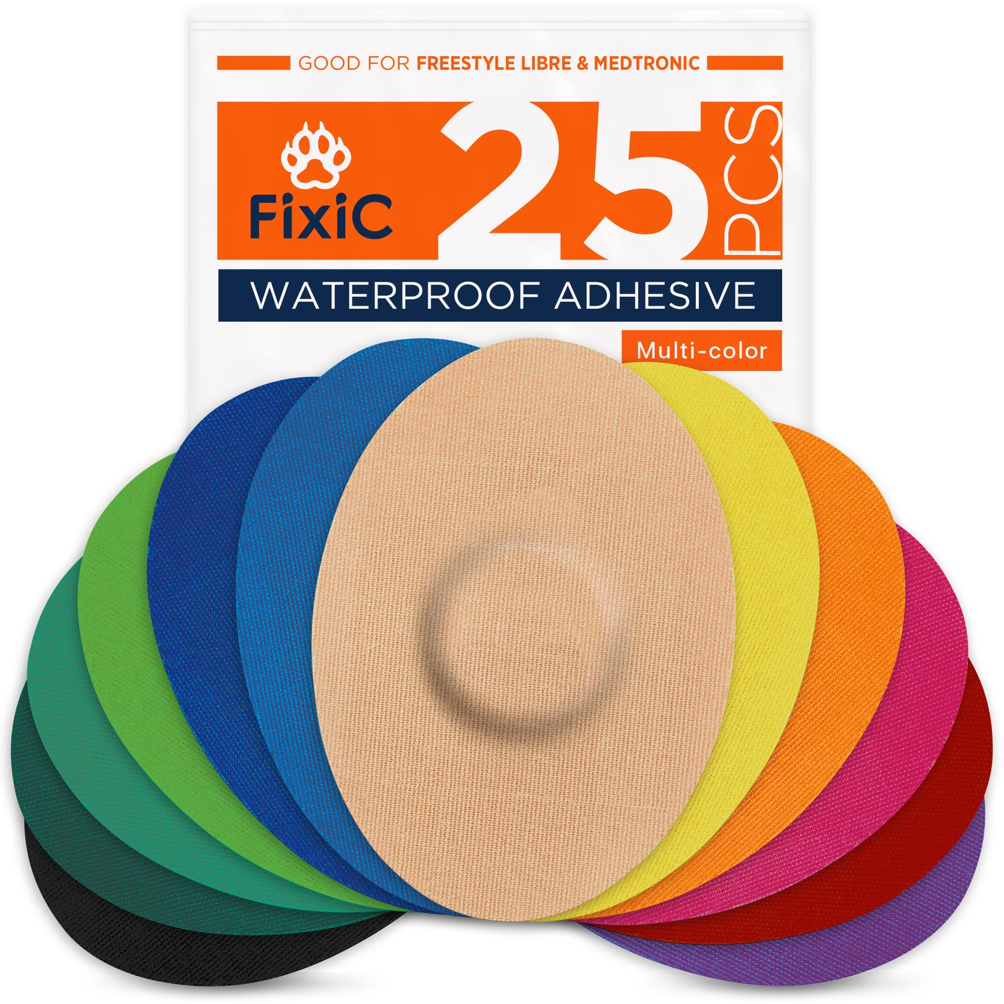Photo 1 of Fixic Freestyle Adhesive Patches 25 PCS – Good for Libre 1, 2, 3 & Plus – G7 & Stelo – Guardian – Waterproof Adhesive Bandages – Pre-Cut Back Paper – Long Fixation for Your Sensor! (Multi-Color)