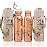 Craft Trade 100% Pure Copper Water Bottle 34 Oz, Ayurveda inspired Copper Bottle for Drinking, Handcarfted Floral Design with Jute Carry Case – Boosts Immunity & Digestion, Leak-Proof, BPA-Free - 2PK