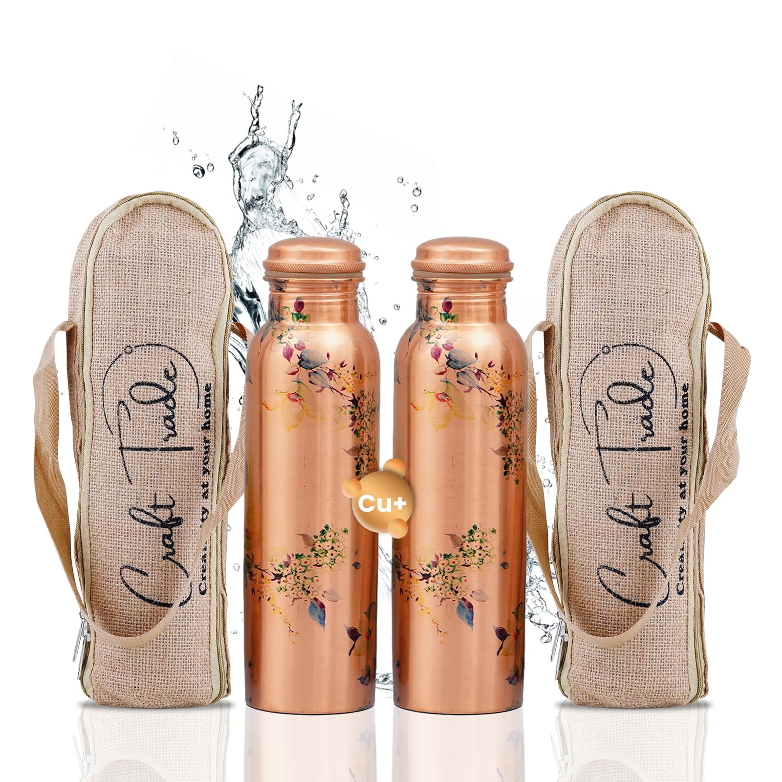 Craft Trade Pack of 2 Printed Copper Water Bottle Pure Copper Bottle with Lid and Carry Bag Leak Proof BPA Free Drinking Bottle for Sport Fitness and Yoga - 1 Litre