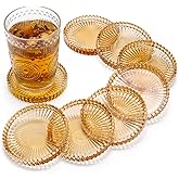 Elsjoy 8 Pack 4 Inch Glass Coasters for Drinks, Amber Tone Modern Clear Coaster Set, Round Crystal Glass Pillar Candle Holder Plates for Table Centerpieces, Home Decor