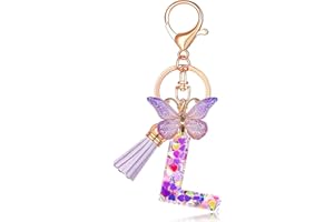 JINGUAZI Initial letter Keychains for Women Tassel Butterfly Pink Purple Cute Car Keychain for Wallet Backpack bag charm