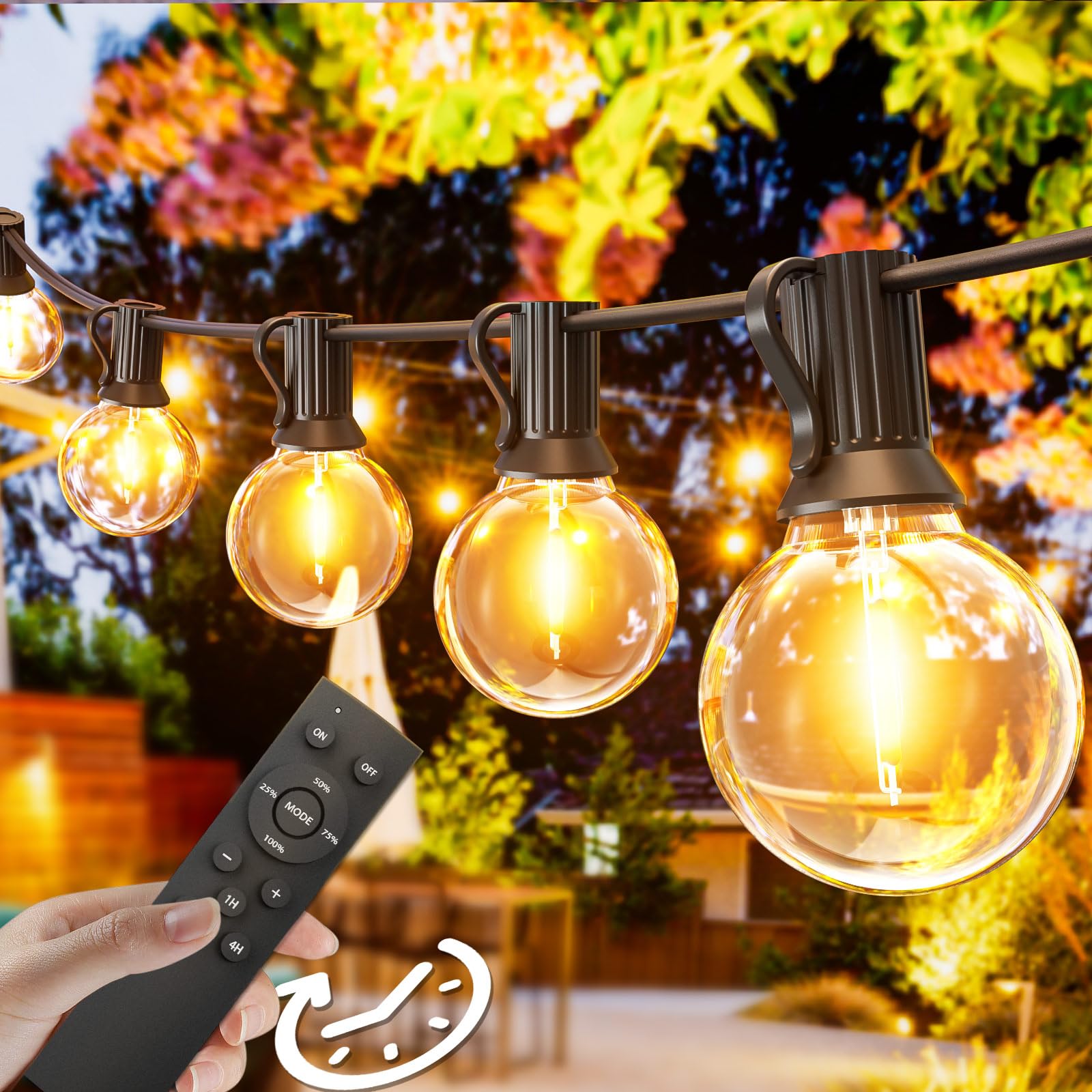 Svater Festoon Lights Remote Control, 30M Garden Lights Dimmable 1/2/4H Timer 3 Modes Connectable,52 Shatterproof 1W LED G40 Bulbs,2700K Warm White Waterproof IP45 for Garden, Yard, Terrace, Wedding