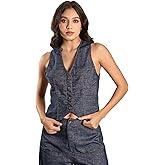 EELOTILE Women's Linen Blend Denim Vest Sleeveless V Neck Button Down Jean Waistcoat Jacket