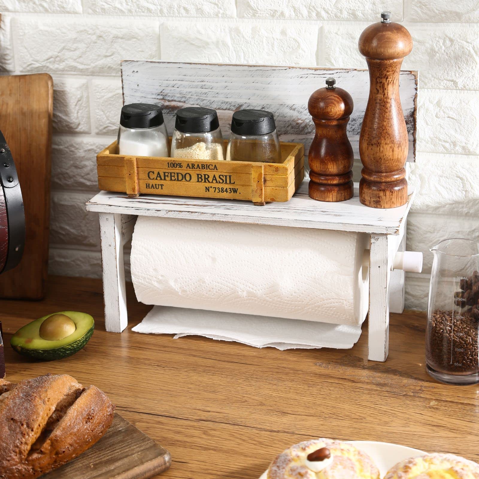 Photo 1 of Farmhouse Paper Towel Holder for Kitchen Countertop with Shelf,Rustic Decorative Bench Paper Towel Dispenser, Whitewashed Wood,Rolls Sized 11.4x5.7IN or Smaller Only