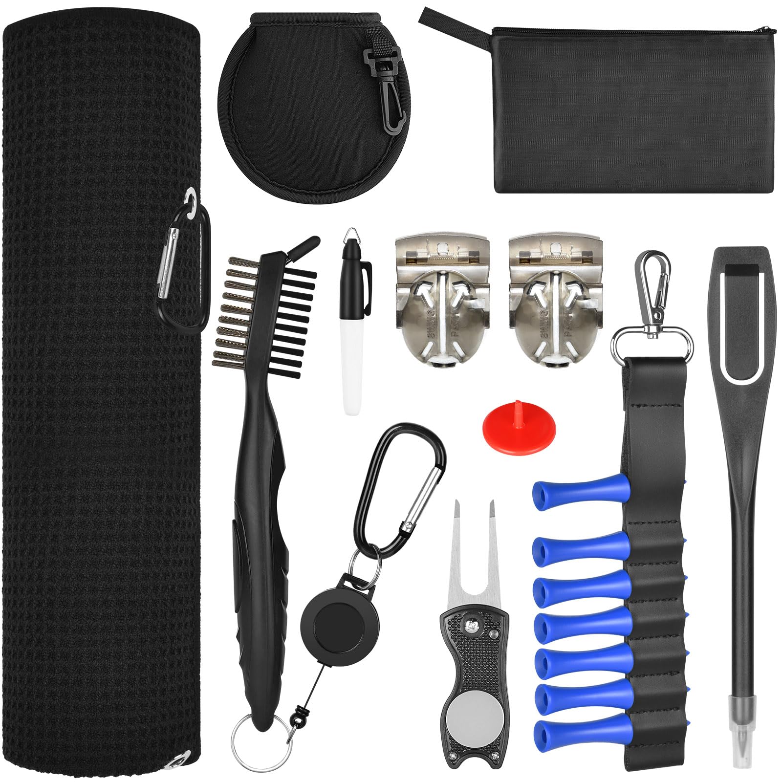 flintronic Golf Accessories, Golf Towel for Golf Bags with Clip Pitch Mark Repair Tool, Golf Club Cleaner, Foldable Divot Repair Tool with Golf Marker, 18-Piece Golf Gifts Set
