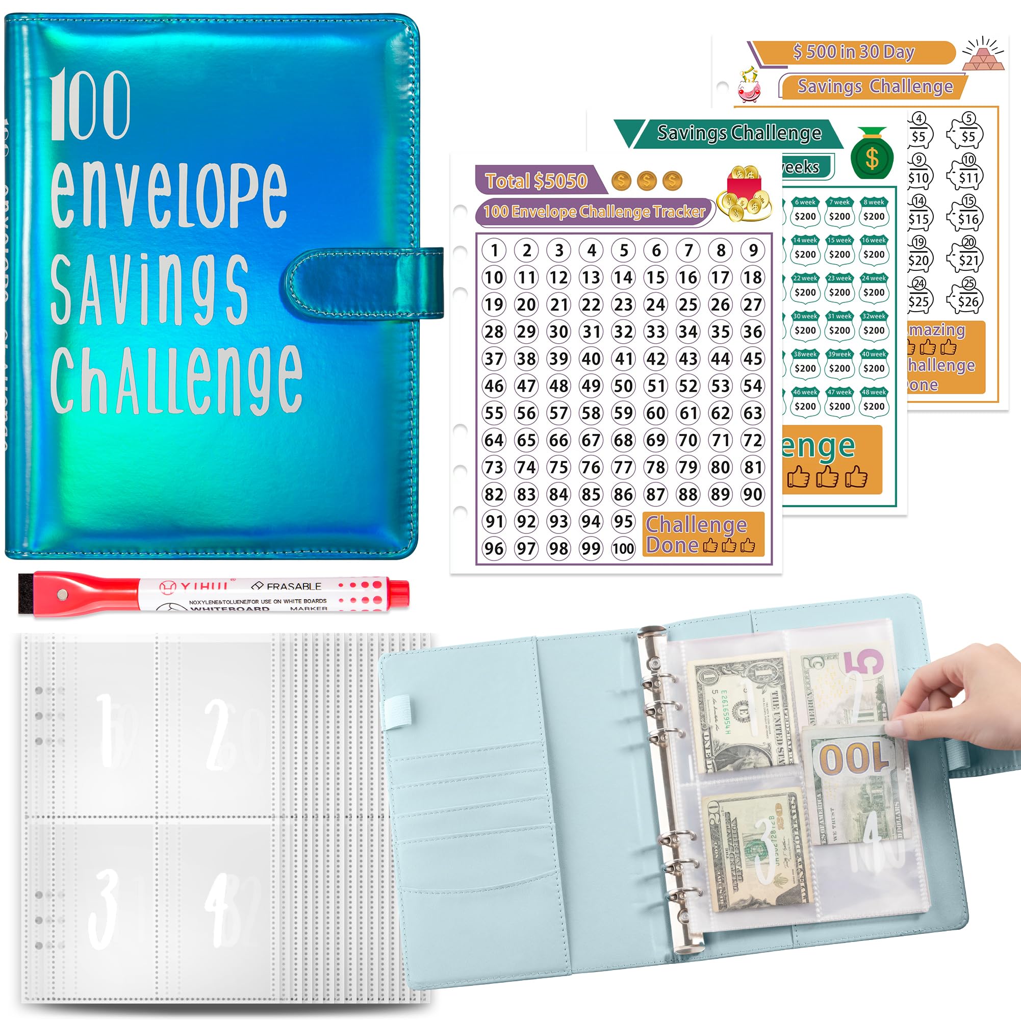 Photo 1 of 100 Envelope Savings Challenge Binder, Money Saving Binder with Cash Envelopes, from 30 Days to 52 Weeks, to Save $500,$5,050 and $10,000, back to school supplies,gift for children (sparkling blue)