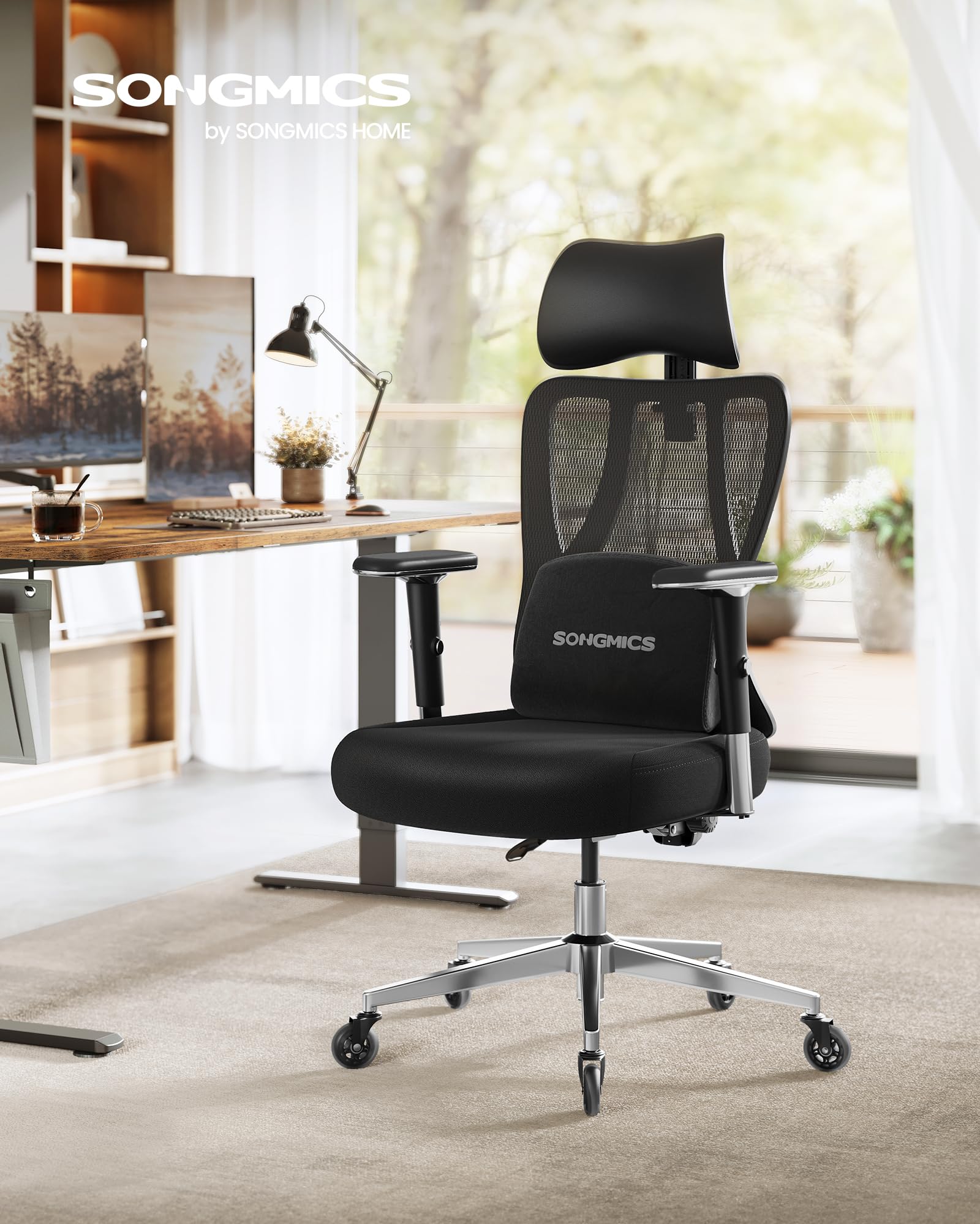 SONGMICS Bürostuhl ergonomisch, Schreibtischstuhl, Gaming-Stuhl, verstellbare Lenden-, Kopfstütze, Armlehnen, für Verschiedene Körpergröße, bis zu 150 kg belastbar, tintenschwarz OBN067BH01 2