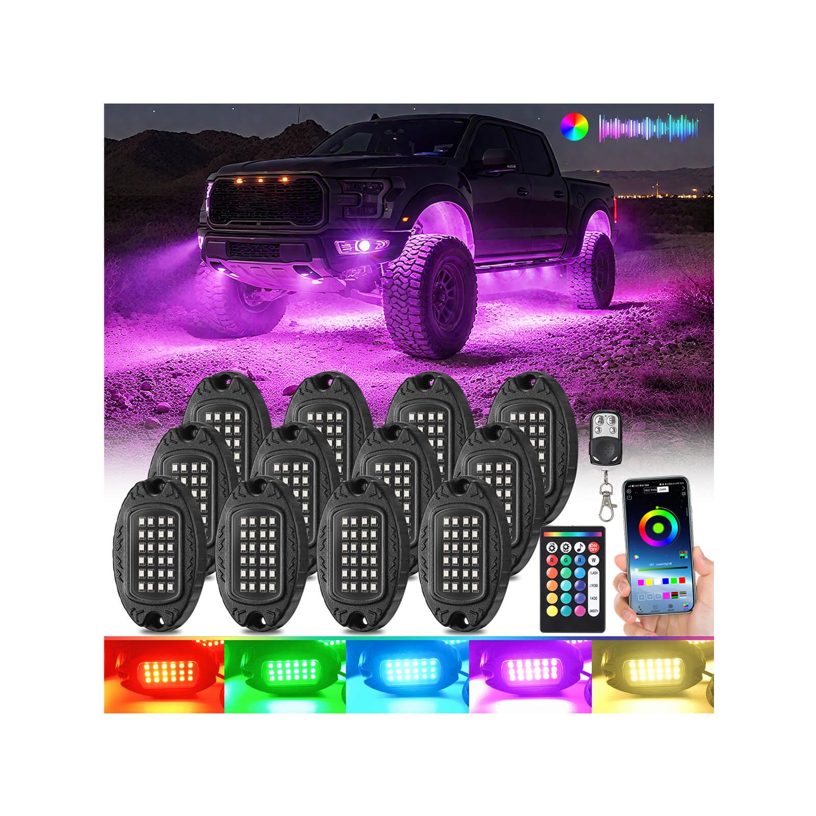Photo 1 of 12Pods Aluminum Multicolor RGB LED Rock Lights for Truck Jeep RV ATV UTV Golf Cart Offroad with APP/RF Remote Control, Metal IP68 Waterproof Underglow Kit Dual Zone Neon Exterior Underbody Light 12V