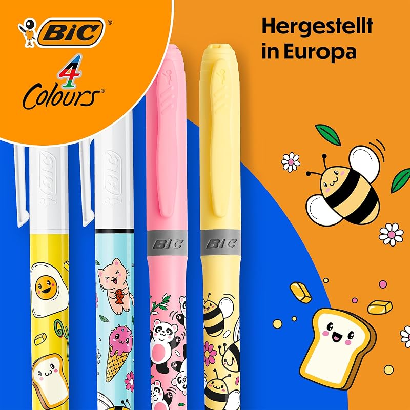 4 Colours Decors Kawaii-Reihe Druck-Kugelschreiber mit mittlerer Spitze (1,0 mm) in lustigen Titenfarben + BIC Highlighter Grip Decors mit Keilspitze – verschiedene Kawaii-Designs, Packung à 2+2