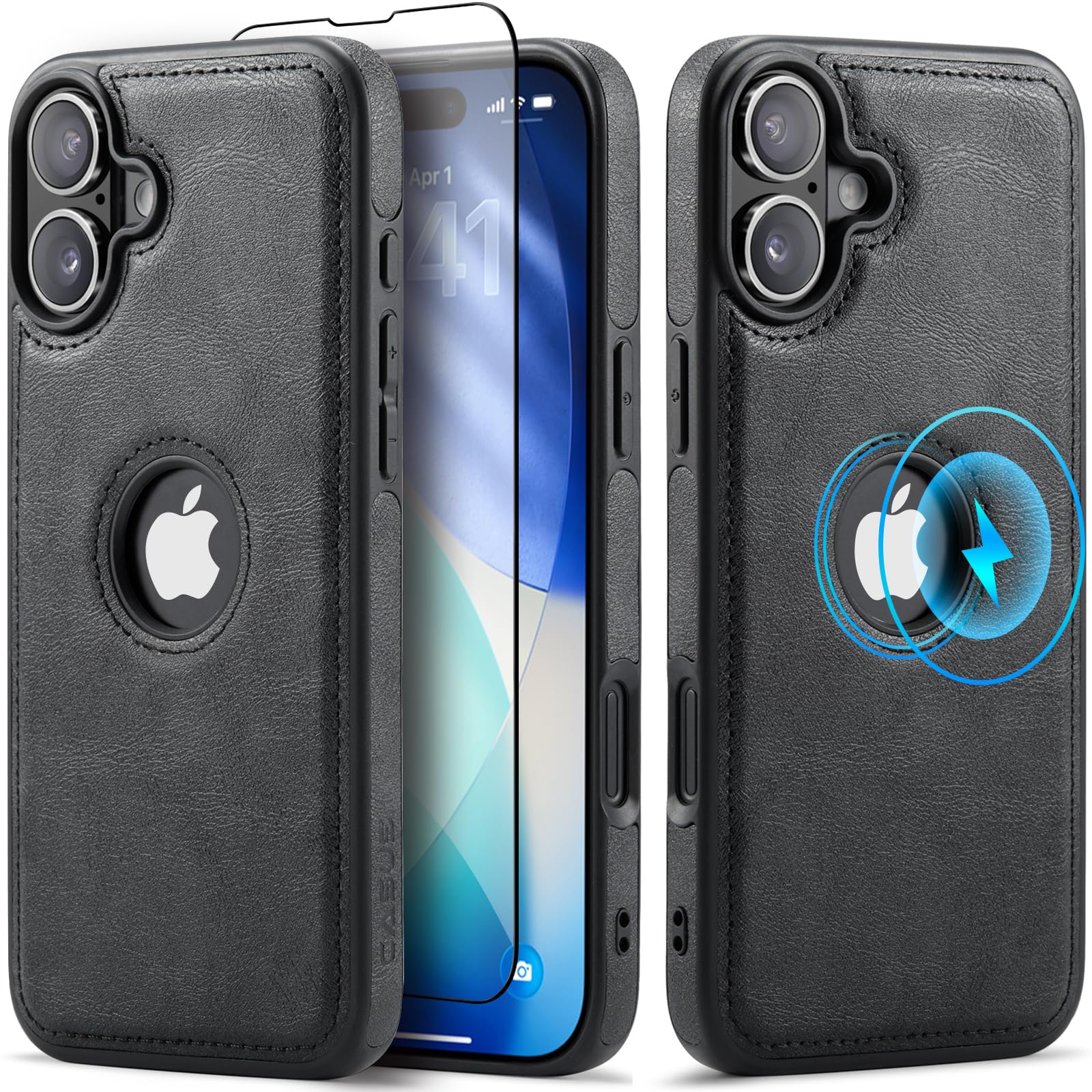 Casus Designed for iPhone 16 Plus Case Compatible with MagSafe Leather Slim Logo View Luxury Elegant Thin Cover with Tempered Glass Screen Protector (2024) 6.7" - Black