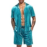 LecGee Men Summer Casual Short Sets Velvet Short Sleeve Button Down Shirt Elastic Waist Shorts 2 Piece Outfits Tracksuit