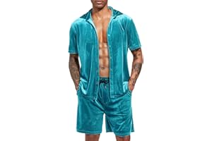 LecGee Men Summer Casual Short Sets Velvet Short Sleeve Button Down Shirt Elastic Waist Shorts 2 Piece Outfits Tracksuit