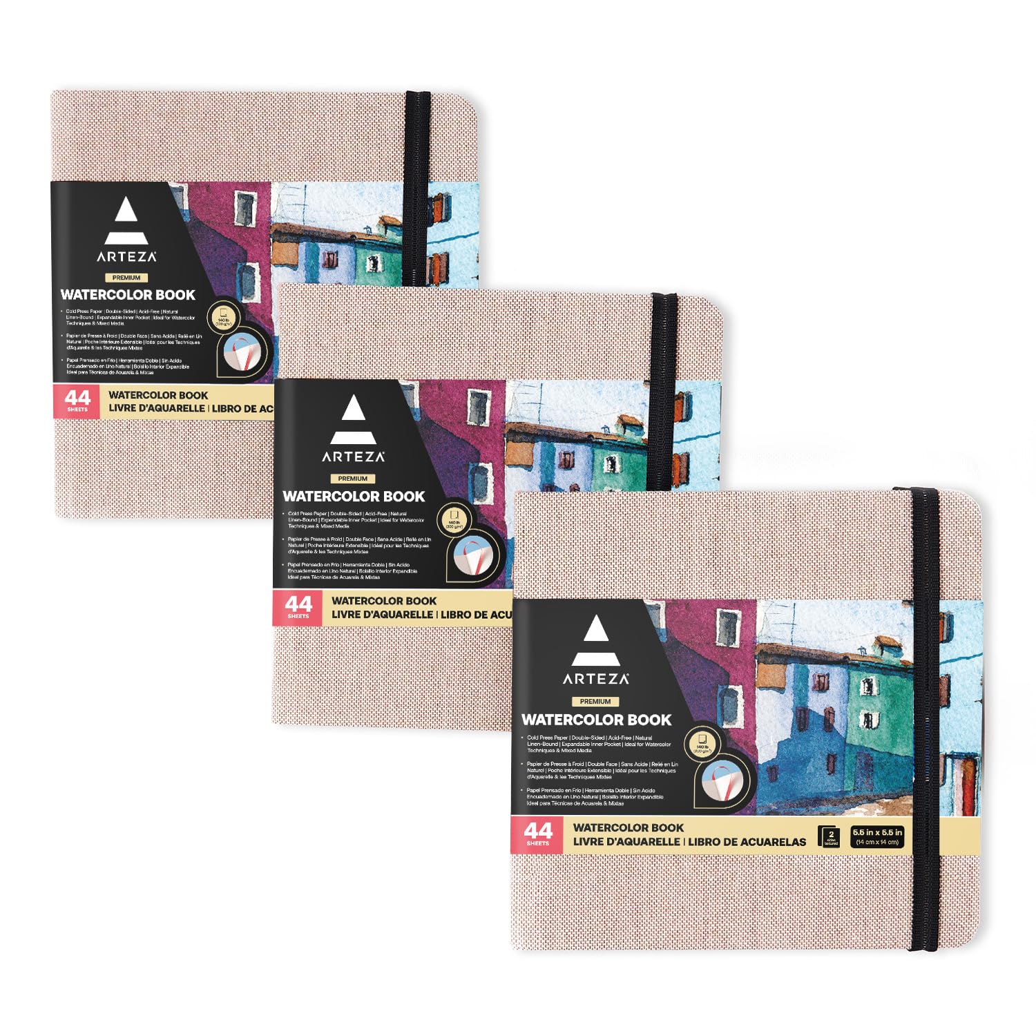 Arteza Watercolour Sketchbook 14 x 14 cm, Pack of 3, 88 Pages per Journal, 230gsm, Beige Hardcover, with Inner Pocket and Elastic Strap, Art Supplies for Watercolour Techniques and Mixed Media