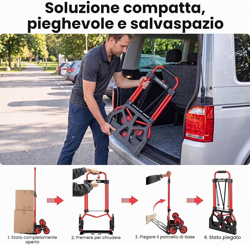 Carrello Saliscale Pieghevole Manico Telescopico 50 kg Rosso